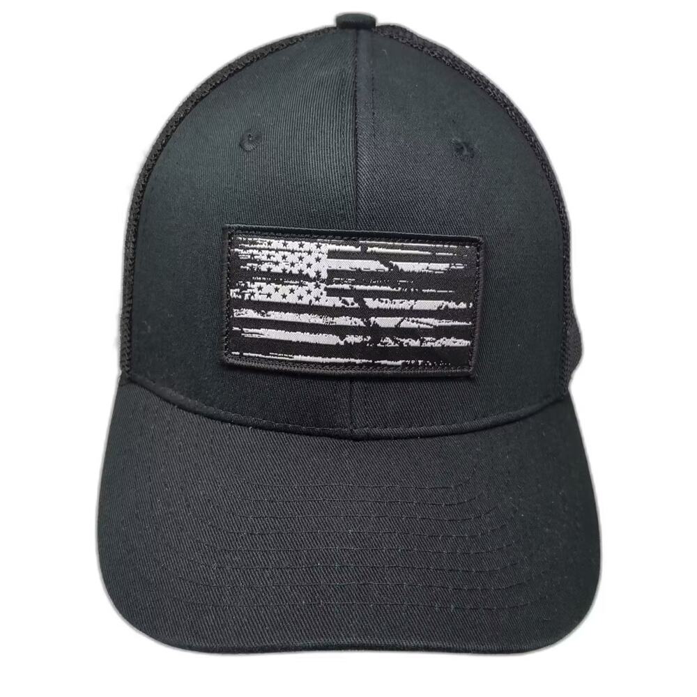 Authentic Black Baseball Cap Hat American Flag Patch Mesh Back Fitted OS 6 Panel